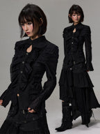 Frustration Garden Dark Court Style Asymmetric Ruffle Pleated Long Sleeve Womens Blouses