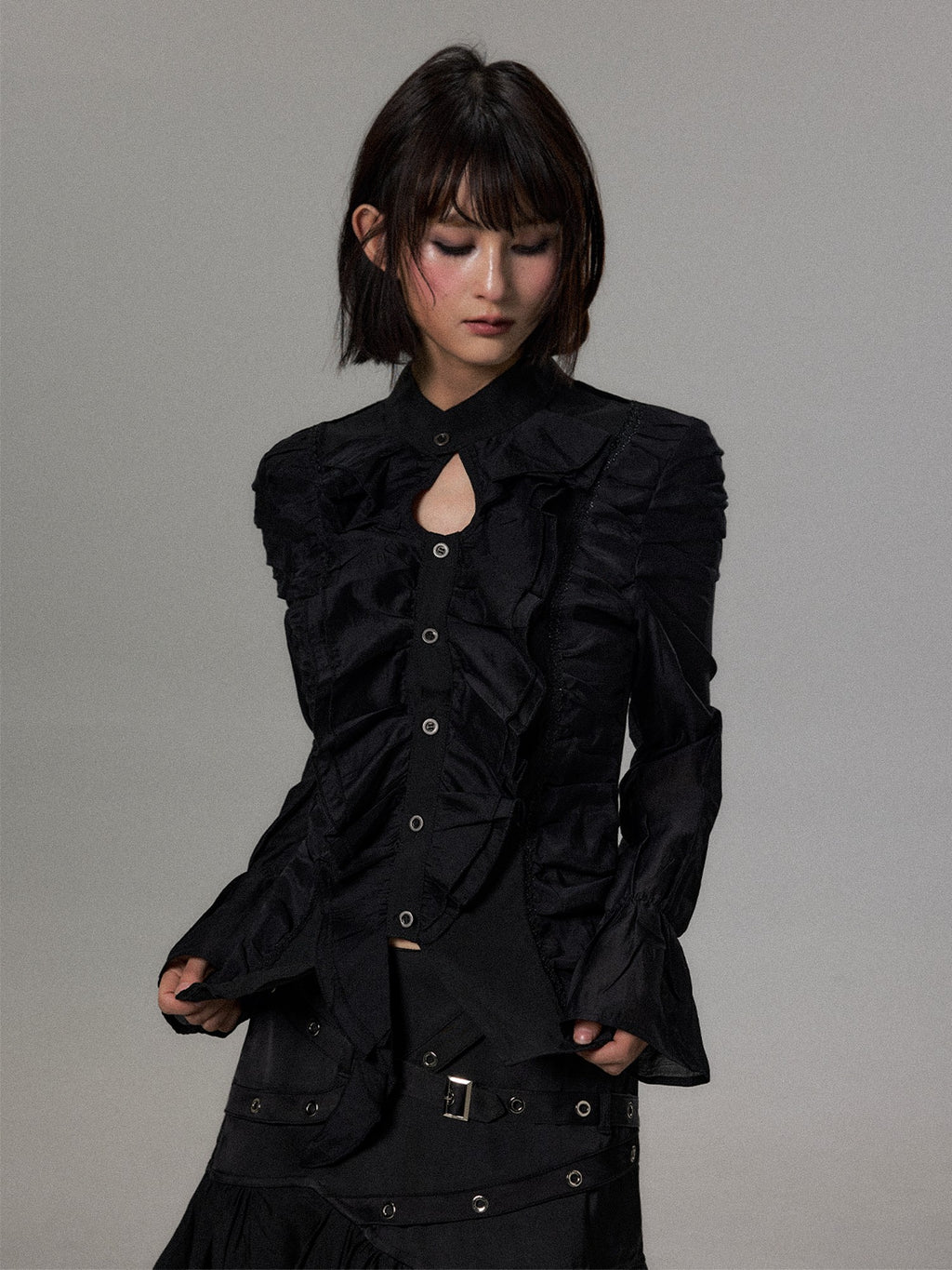 Frustration Garden Dark Court Style Asymmetric Ruffle Pleated Long Sleeve Womens Blouses