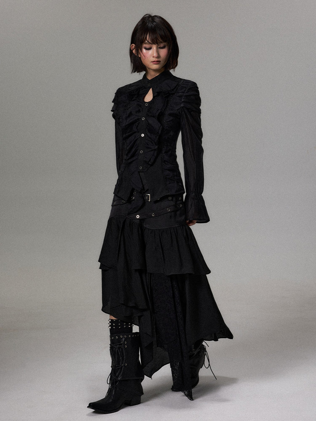 Frustration Garden Dark Court Style Asymmetric Ruffle Pleated Long Sleeve Womens Blouses