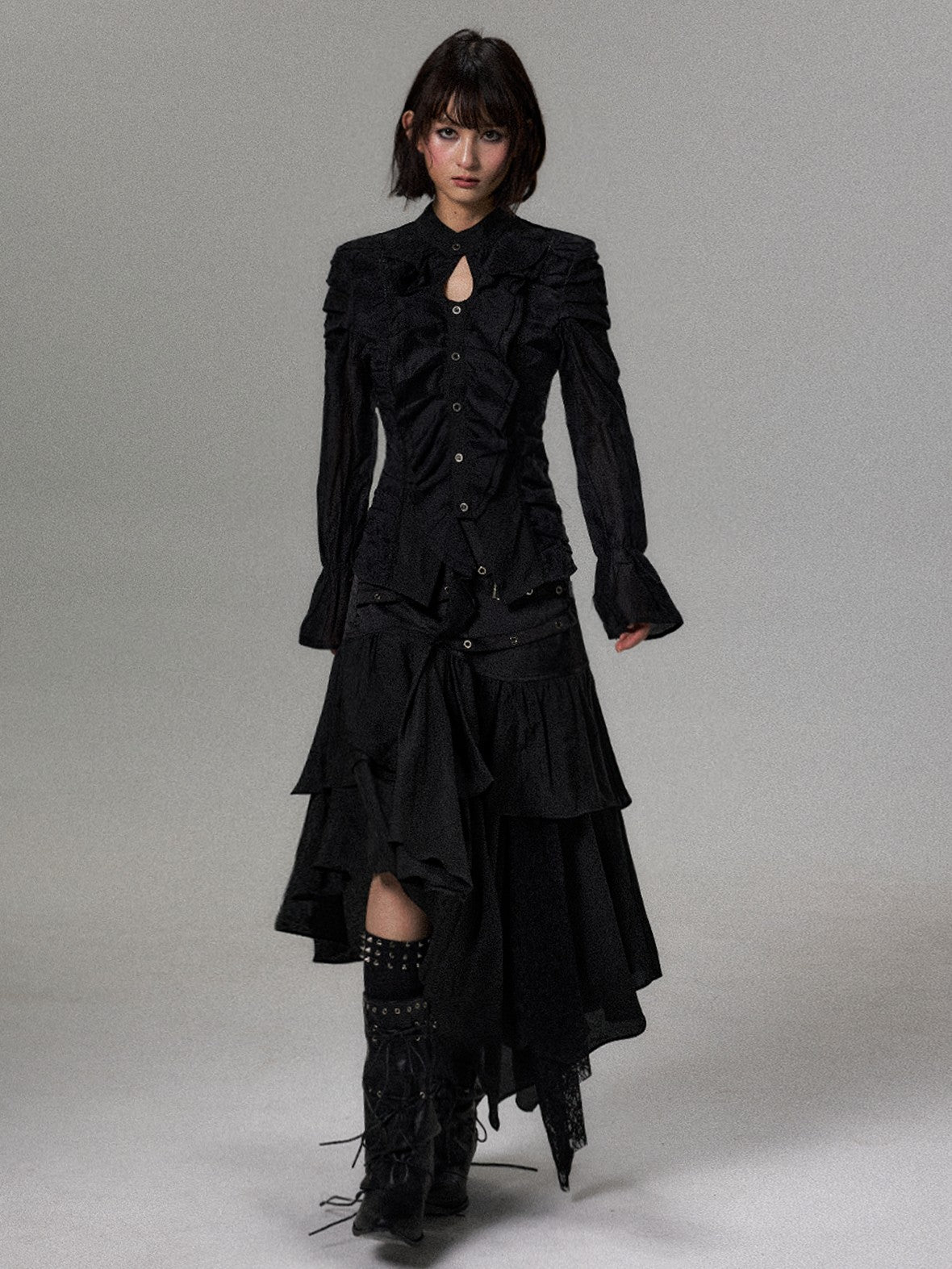 Frustration Garden Dark Court Style Asymmetric Ruffle Pleated Long Sleeve Womens Blouses