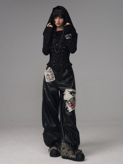 Frustration Garden Dark Gothic Jacquard Patchwork Lace Up Hooded Women's Knit Long Sleeve T-shirts