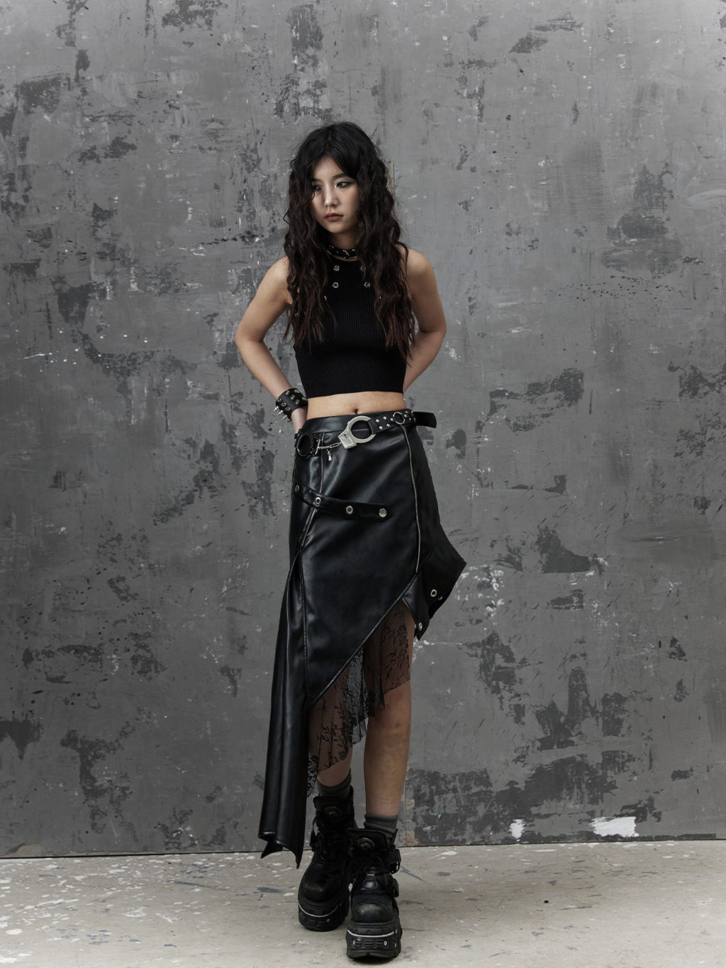 Frustration Garden Dark Punk Rock Asymmetric Pu Leather Mesh Panel Women's Midi Skirts