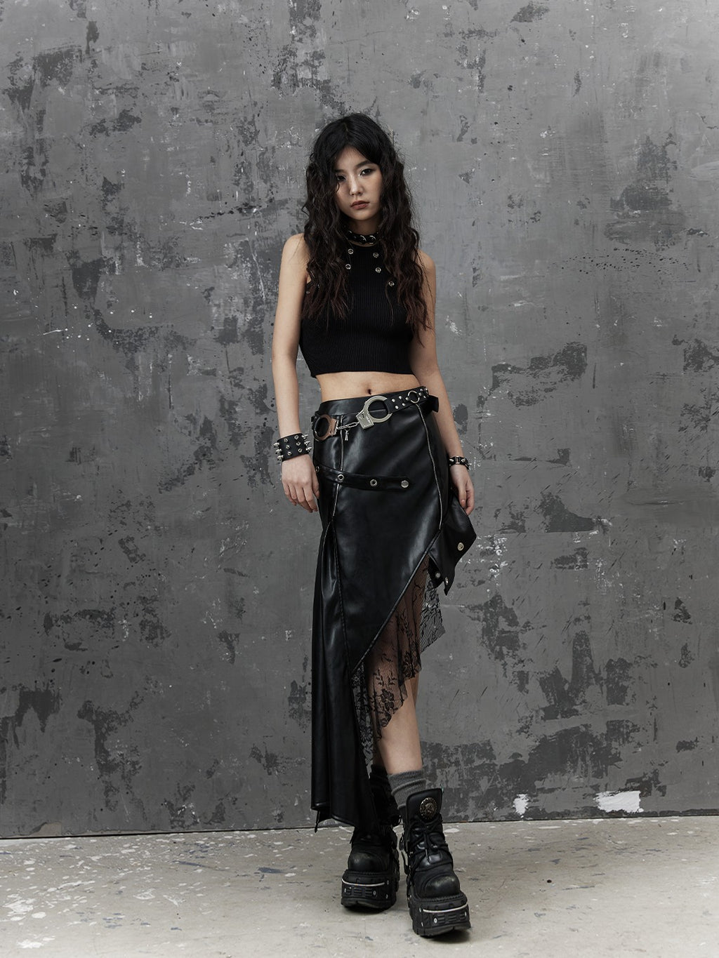 Frustration Garden Dark Punk Rock Asymmetric Pu Leather Mesh Panel Women's Midi Skirts
