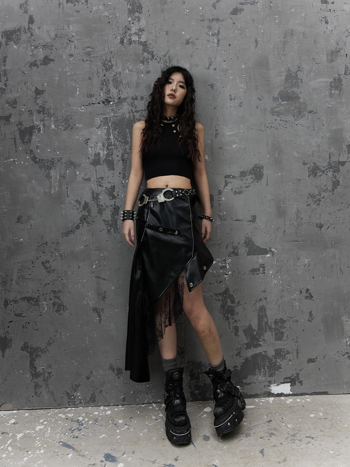 Frustration Garden Dark Punk Rock Asymmetric Pu Leather Mesh Panel Women's Midi Skirts