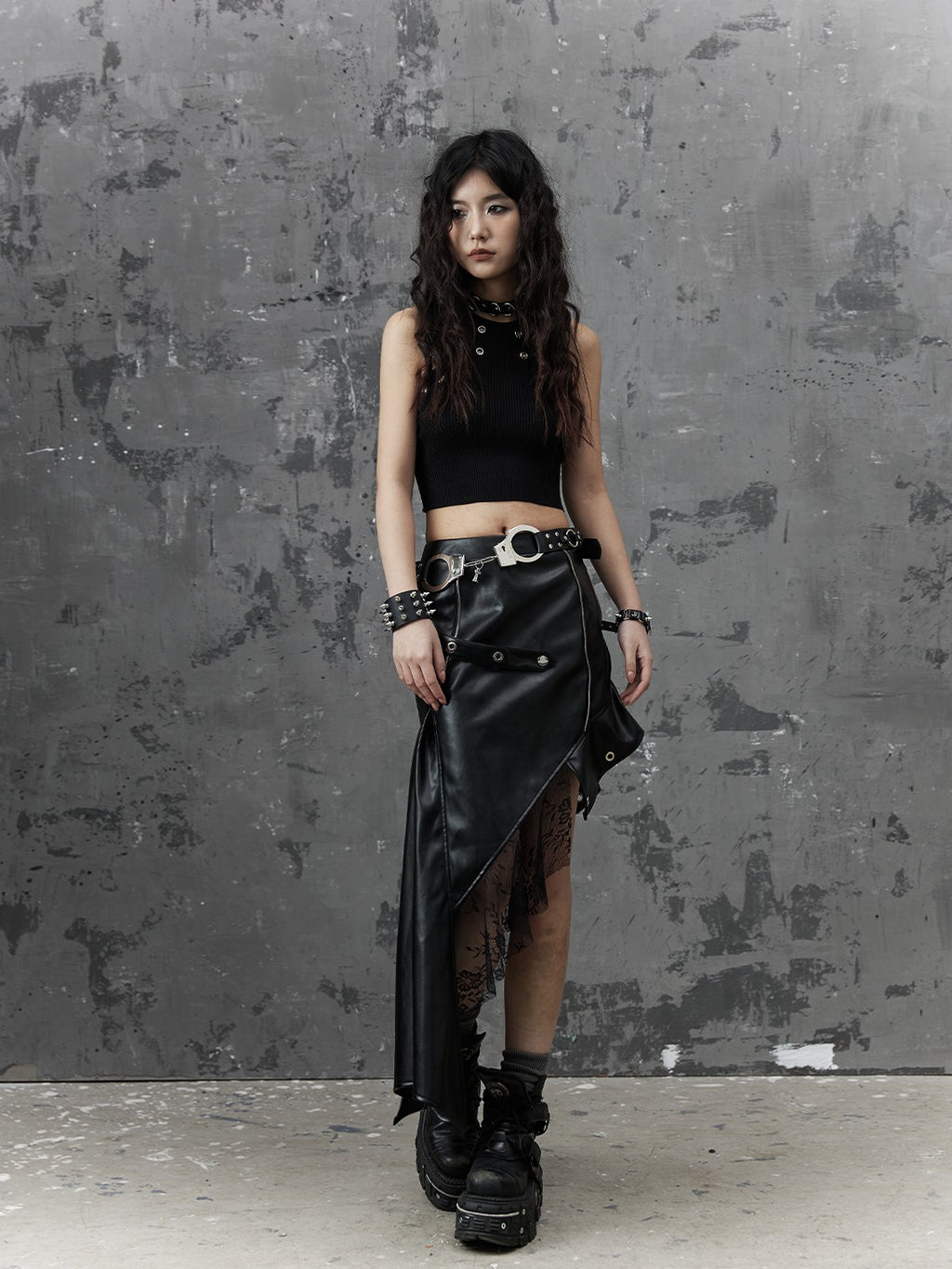 Frustration Garden Dark Punk Rock Asymmetric Pu Leather Mesh Panel Women's Midi Skirts