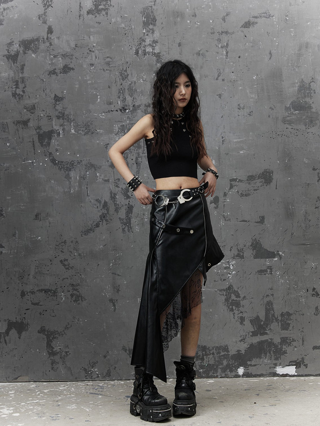 Frustration Garden Dark Punk Rock Asymmetric Pu Leather Mesh Panel Women's Midi Skirts