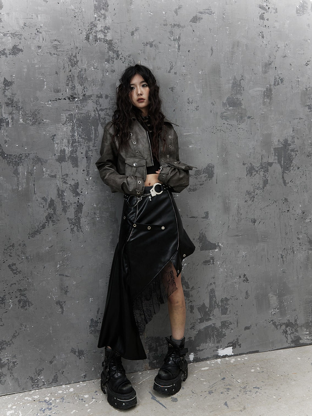 Frustration Garden Dark Punk Rock Asymmetric Pu Leather Mesh Panel Women's Midi Skirts