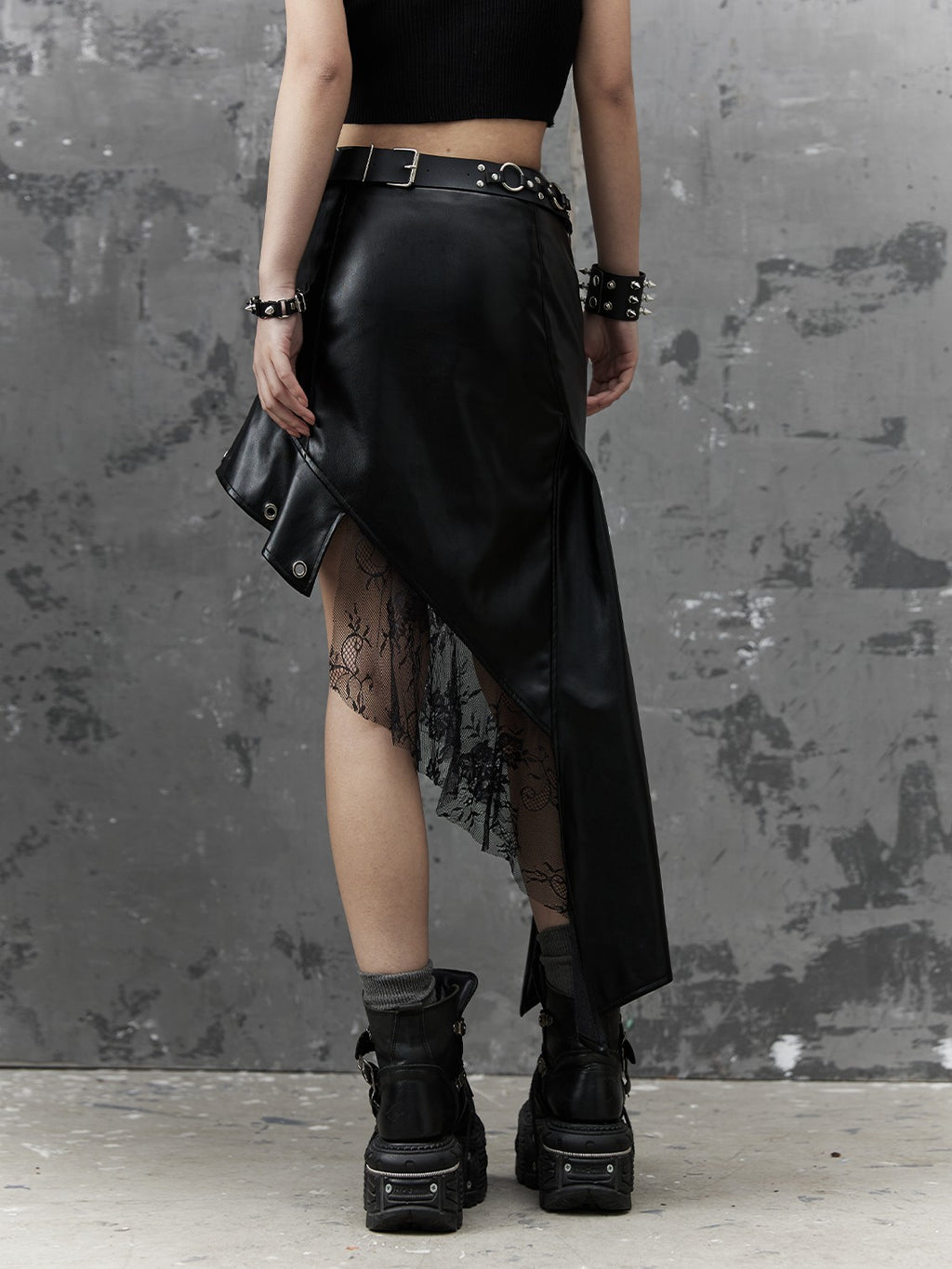 Frustration Garden Dark Punk Rock Asymmetric Pu Leather Mesh Panel Women's Midi Skirts