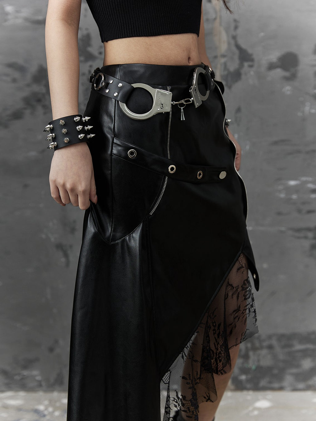 Frustration Garden Dark Punk Rock Asymmetric Pu Leather Mesh Panel Women's Midi Skirts