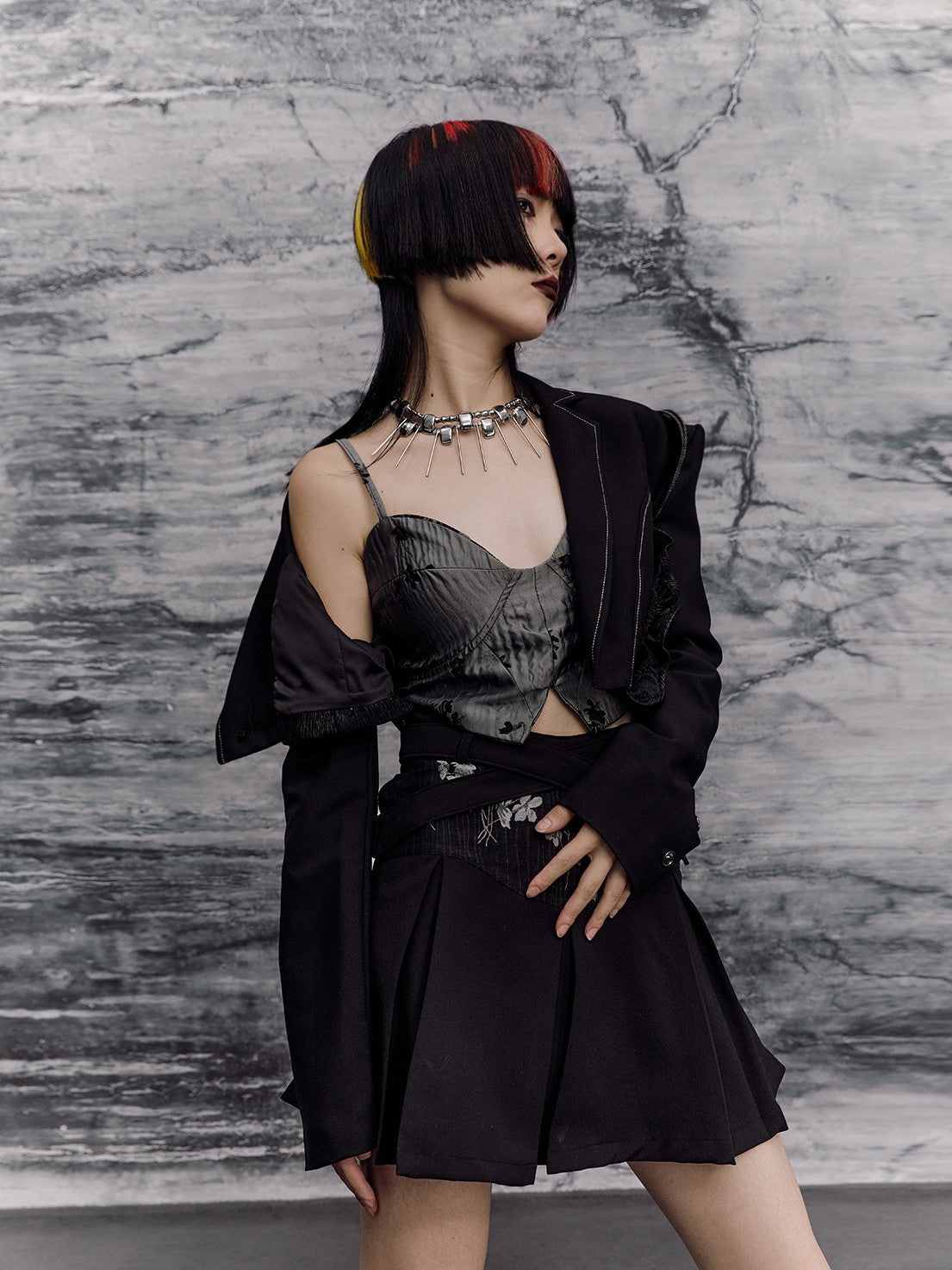 Frustration Garden Dark Spliced Lapel One Button Loose Polyester Women's Cropped Jackets