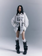 Frustration Garden Grunge Graffiti Print Vertical Striped Long Sleeve Loose Women's Shirts