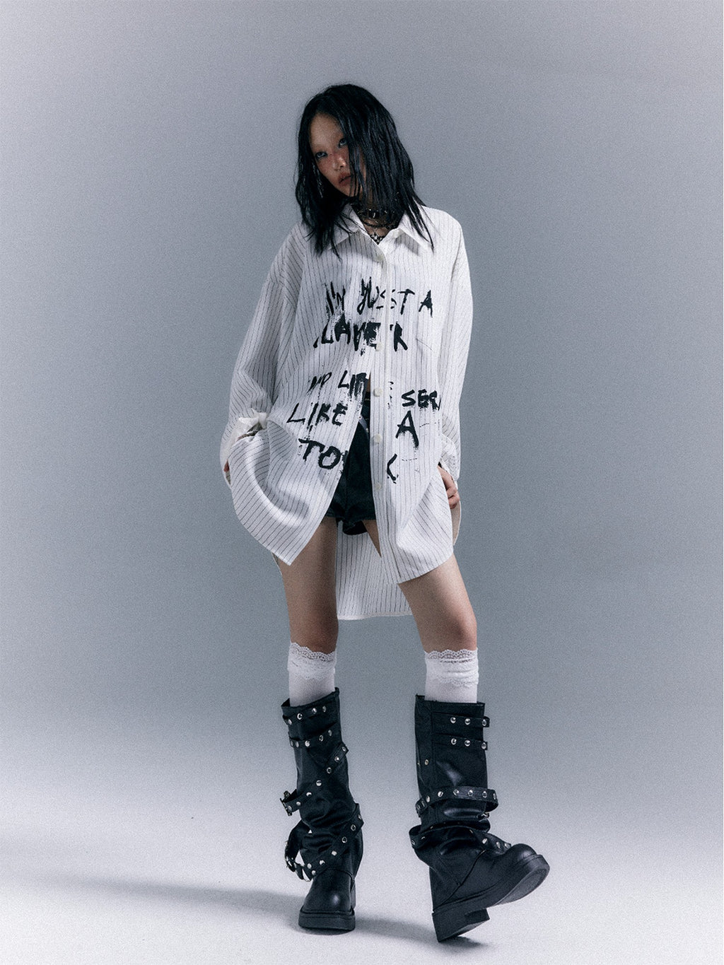 Frustration Garden Grunge Graffiti Print Vertical Striped Long Sleeve Loose Women's Shirts