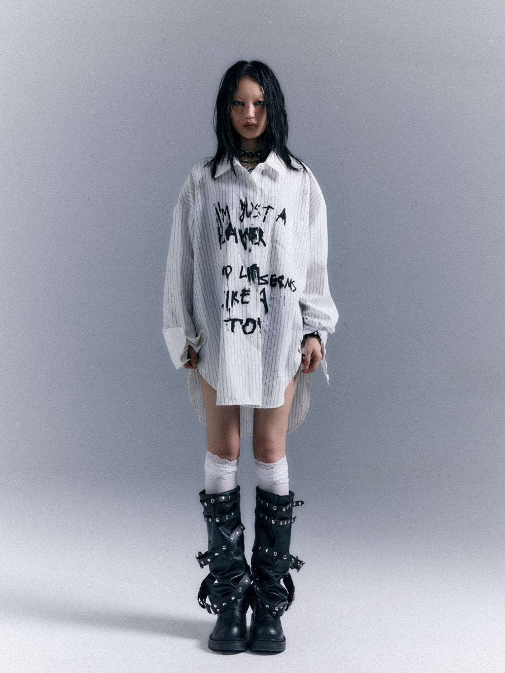 Frustration Garden Grunge Graffiti Print Vertical Striped Long Sleeve Loose Women's Shirts