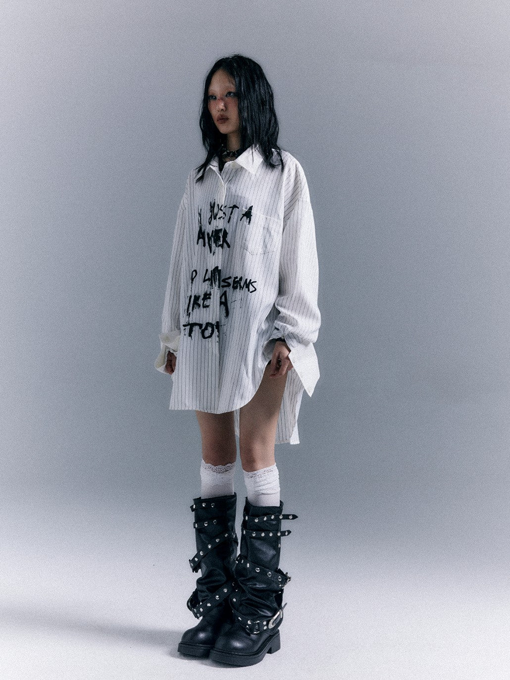 Frustration Garden Grunge Graffiti Print Vertical Striped Long Sleeve Loose Women's Shirts