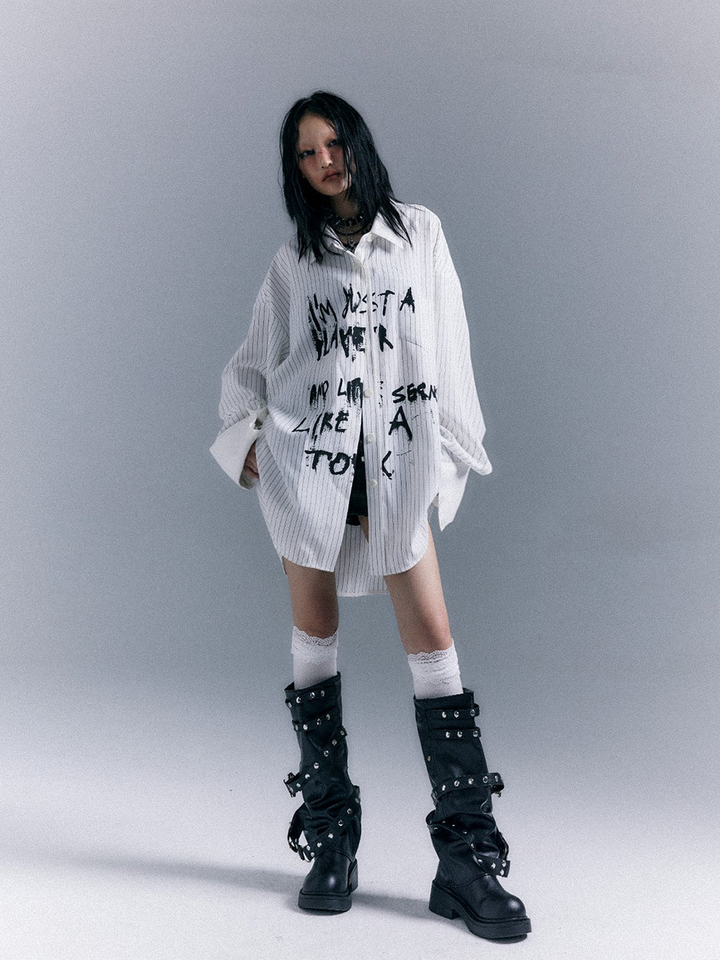Frustration Garden Grunge Graffiti Print Vertical Striped Long Sleeve Loose Women's Shirts
