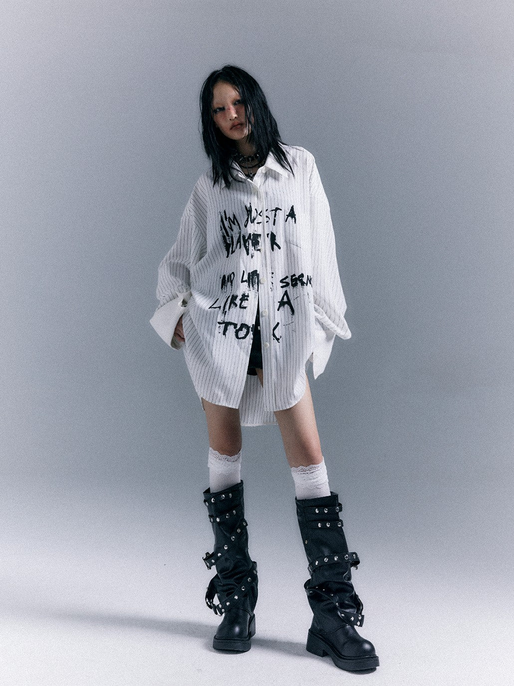 Frustration Garden Grunge Graffiti Print Vertical Striped Long Sleeve Loose Women's Shirts