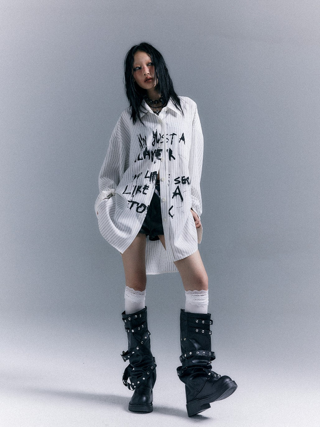 Frustration Garden Grunge Graffiti Print Vertical Striped Long Sleeve Loose Women's Shirts