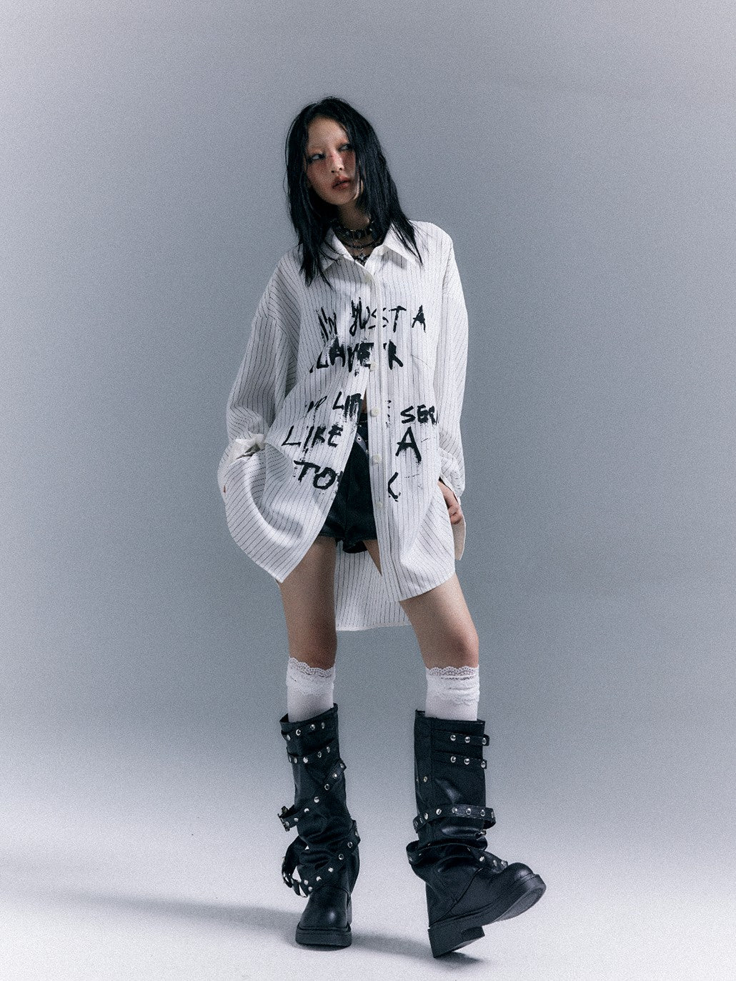 Frustration Garden Grunge Graffiti Print Vertical Striped Long Sleeve Loose Women's Shirts