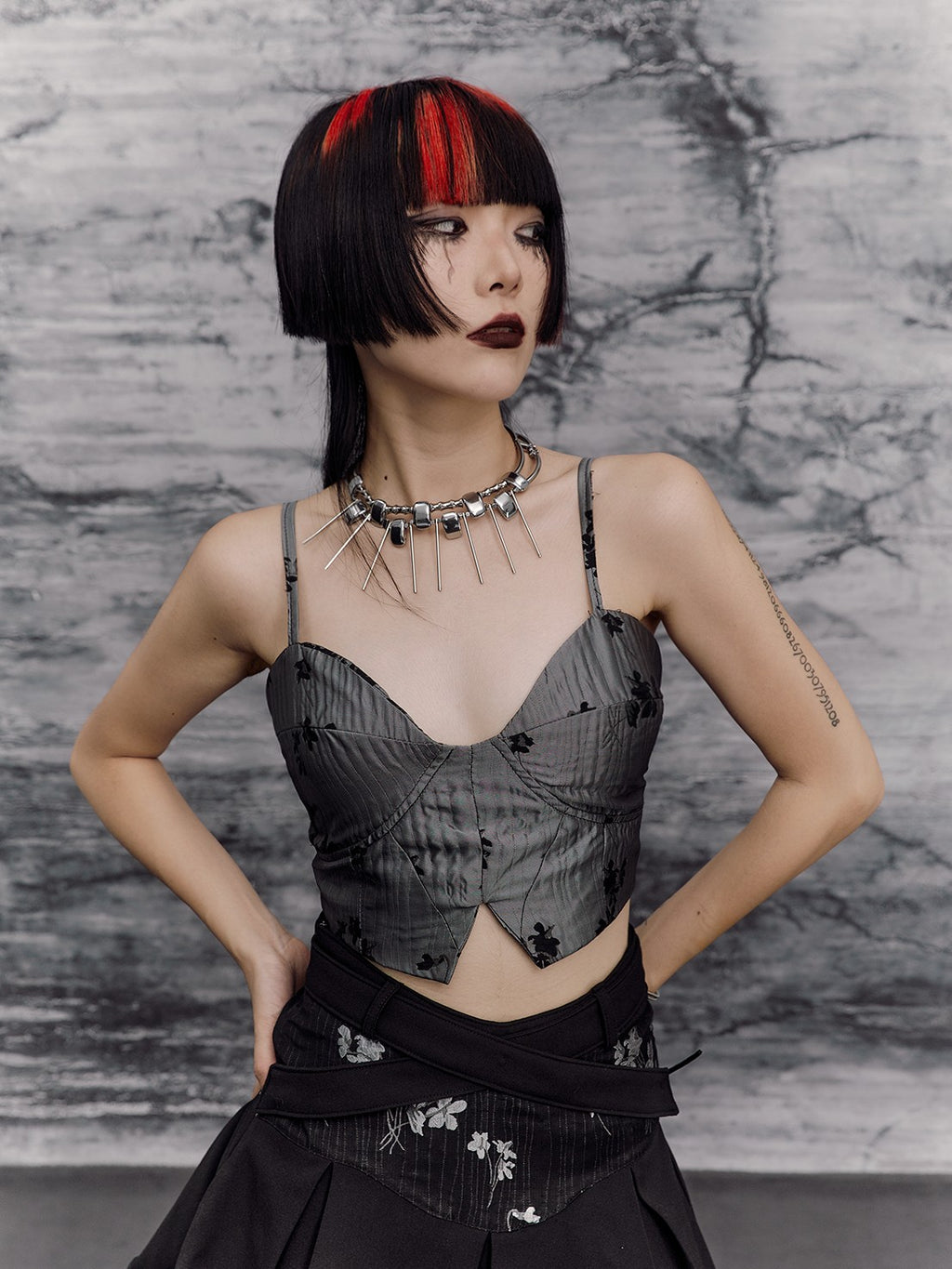 Frustration Garden Jacquard Lace Up New Chinese Punk Design Women's Polyester Camisoles