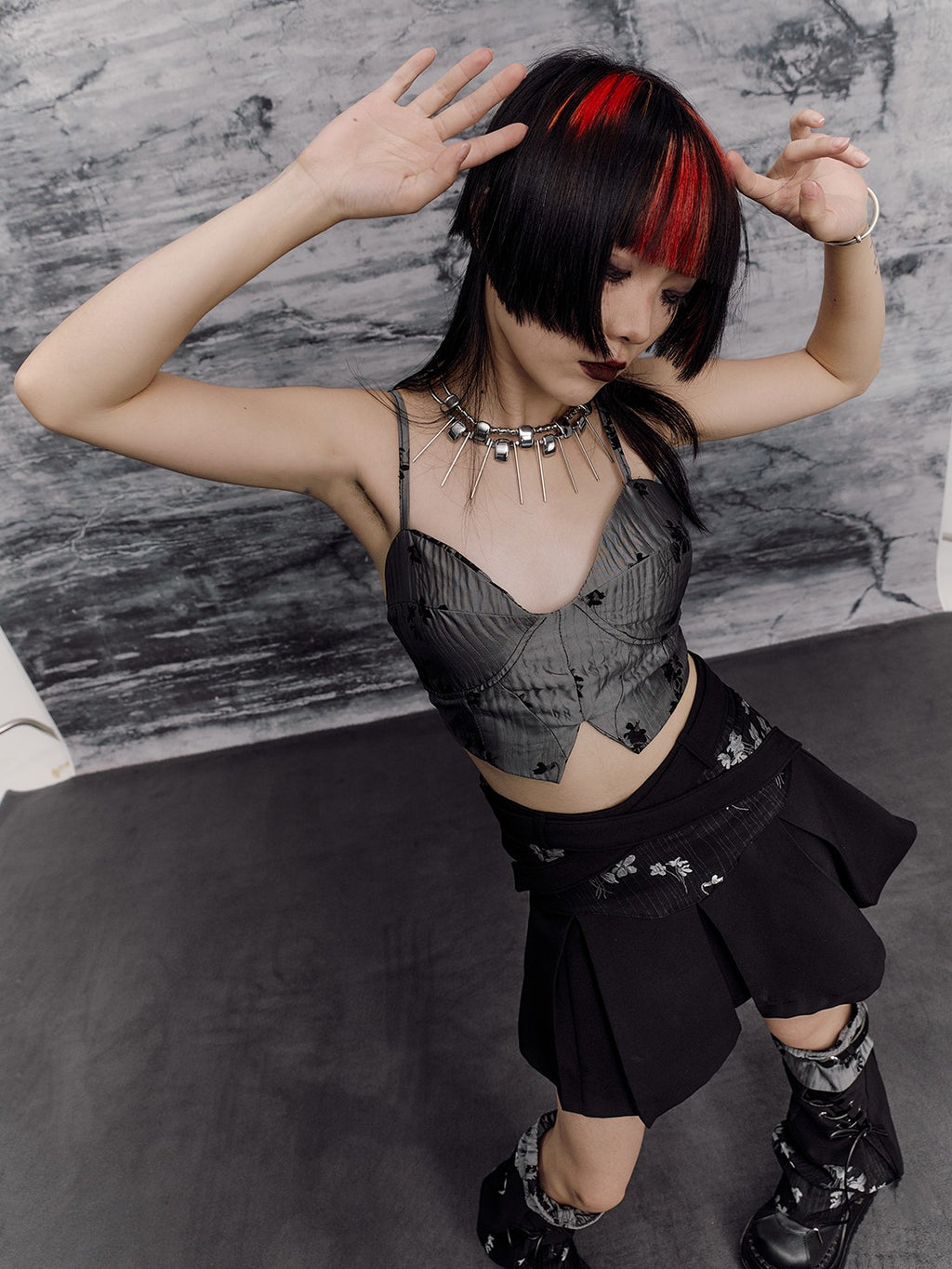 Frustration Garden Jacquard Lace Up New Chinese Punk Design Women's Polyester Camisoles