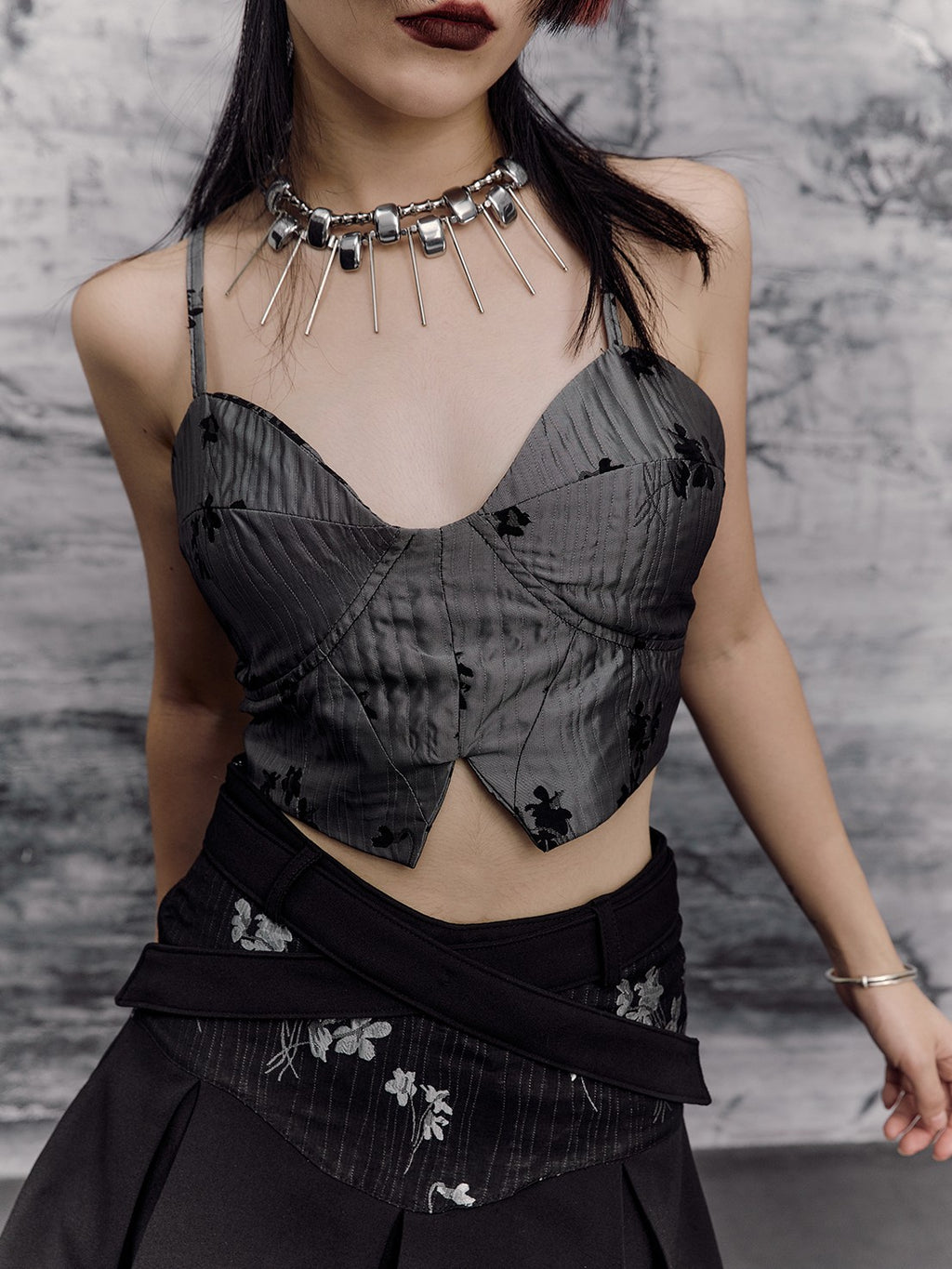 Frustration Garden Jacquard Lace Up New Chinese Punk Design Women's Polyester Camisoles
