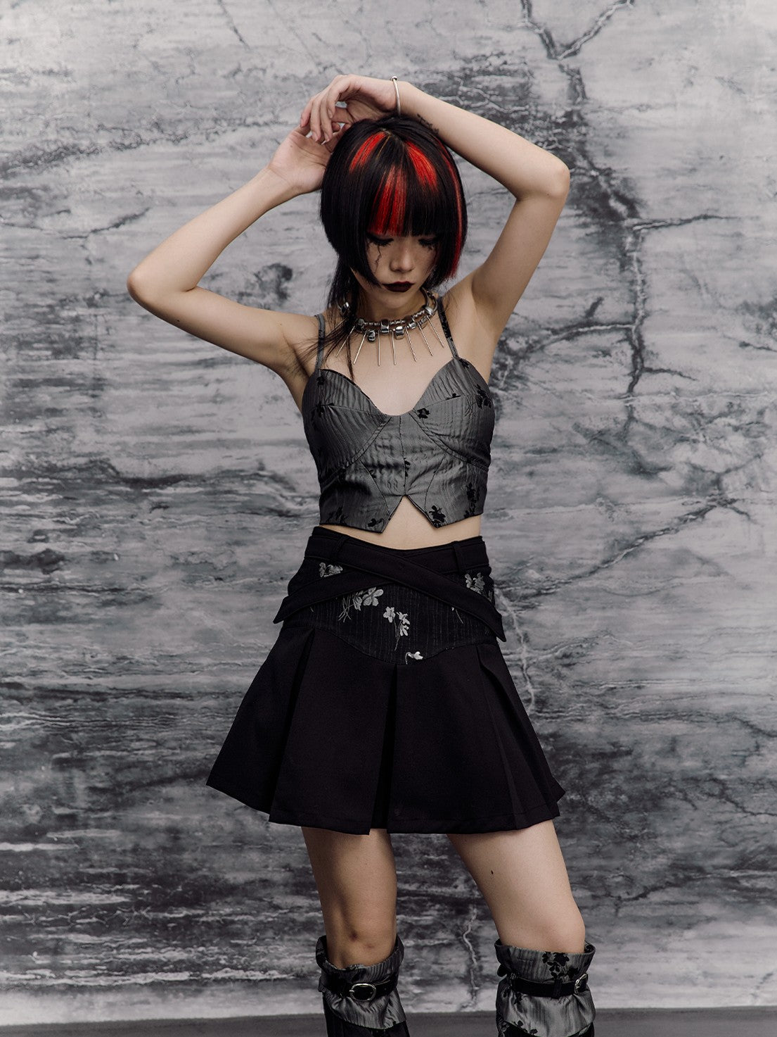Frustration Garden Jacquard Lace Up New Chinese Punk Design Women's Polyester Camisoles