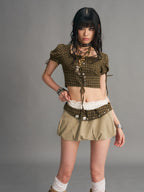 Frustration Garden Lace Plaid Color Block Patchwork Low Waist Bubble Women's Skorts