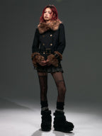 Frustration Garden Leopard Print Faux Fur Collar Double Breasted Belted Women's Wool Coats