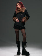 Frustration Garden Leopard Print Faux Fur Collar Double Breasted Belted Women's Wool Coats
