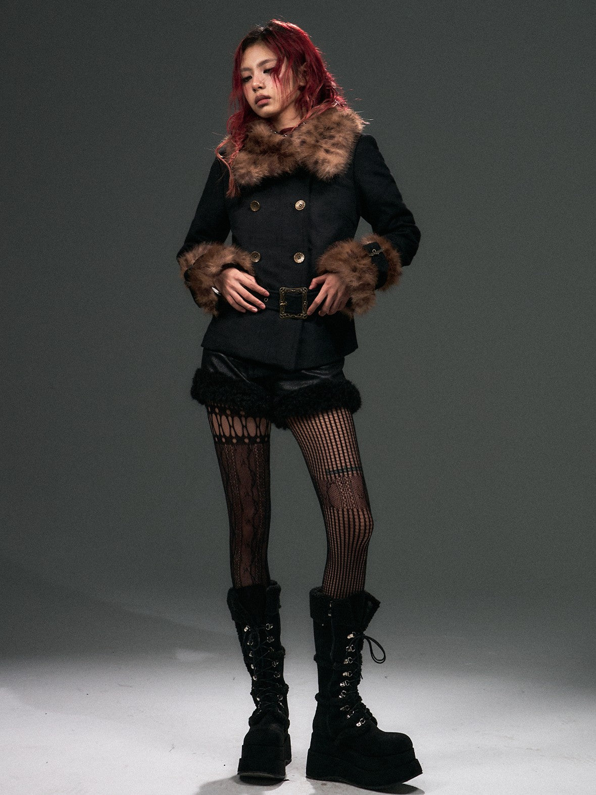 Frustration Garden Leopard Print Faux Fur Collar Double Breasted Belted Women's Wool Coats