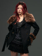 Frustration Garden Leopard Print Faux Fur Collar Double Breasted Belted Women's Wool Coats