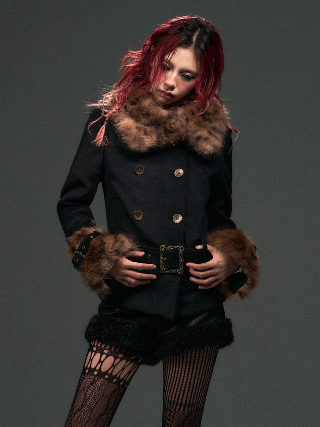 Frustration Garden Leopard Print Faux Fur Collar Double Breasted Belted Women's Wool Coats