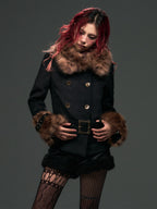Frustration Garden Leopard Print Faux Fur Collar Double Breasted Belted Women's Wool Coats