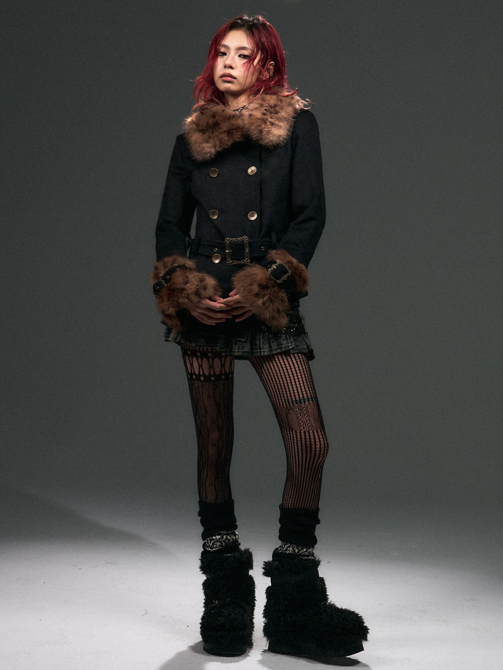 Frustration Garden Leopard Print Faux Fur Collar Double Breasted Belted Women's Wool Coats