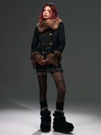Frustration Garden Leopard Print Faux Fur Collar Double Breasted Belted Women's Wool Coats
