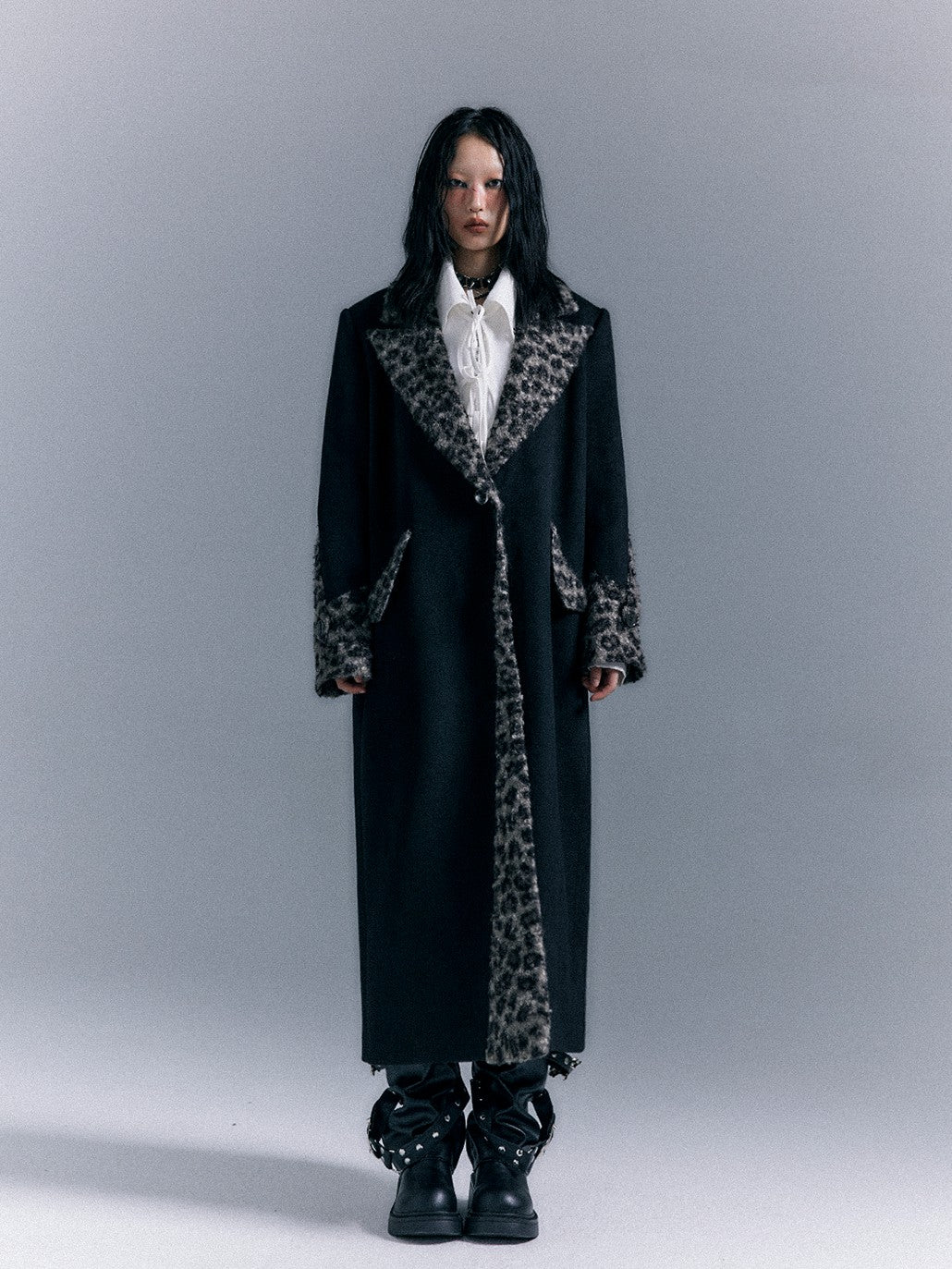 Frustration Garden Leopard Print Paneled Structured Shoulder Pad Women's Wool Coats
