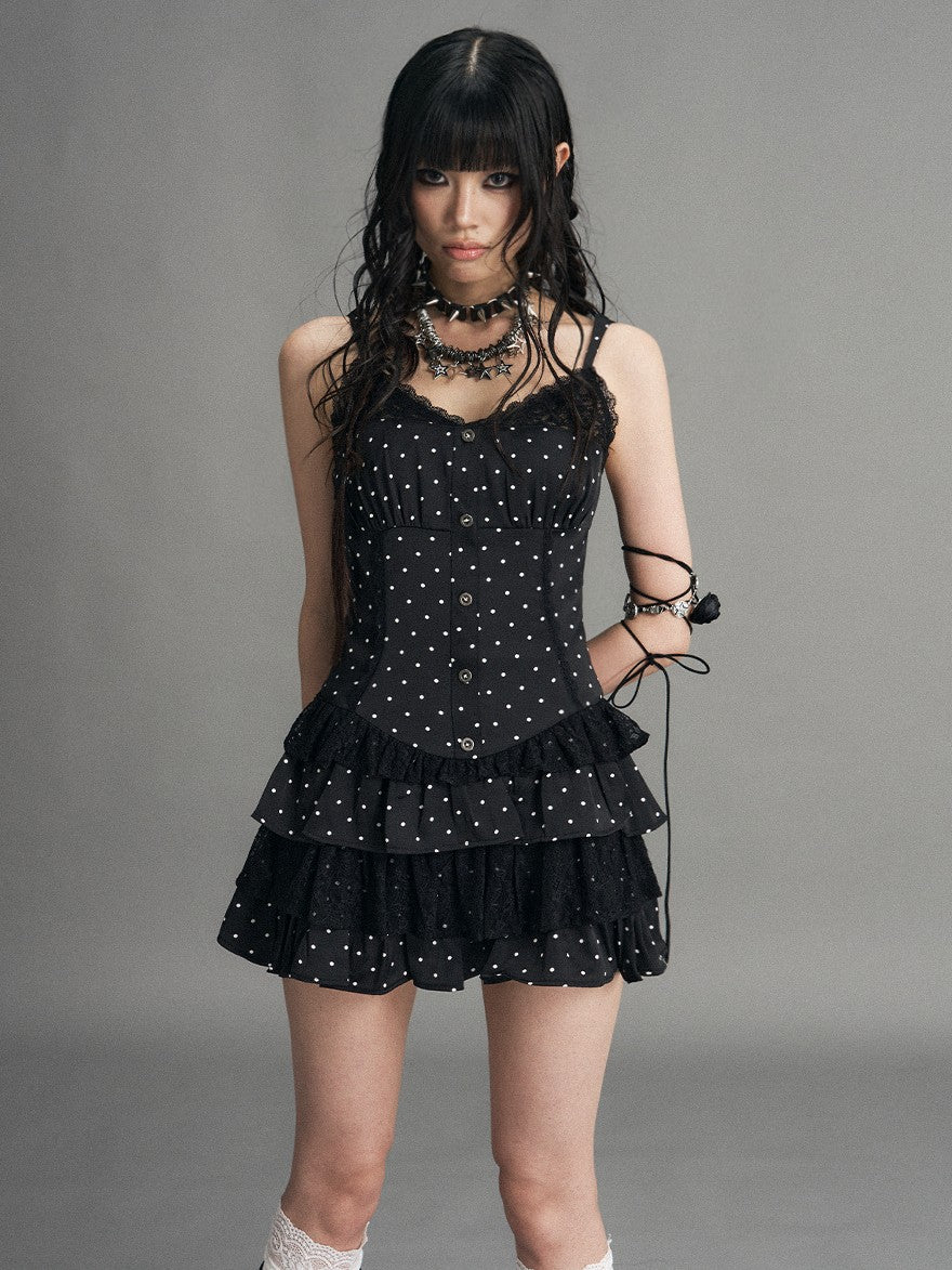 Frustration Garden Polka Dot Lace Panel Lace Up Vintage Women's Tiered Slip Mini Dresses