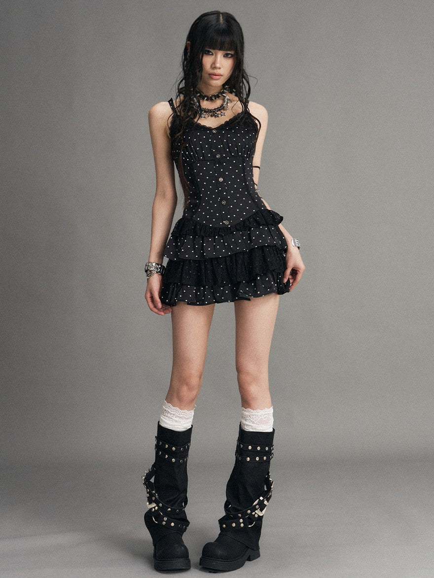 Frustration Garden Polka Dot Lace Panel Lace Up Vintage Women's Tiered Slip Mini Dresses