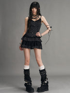 Frustration Garden Polka Dot Lace Panel Lace Up Vintage Women's Tiered Slip Mini Dresses