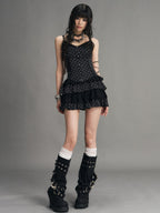 Frustration Garden Polka Dot Lace Panel Lace Up Vintage Women's Tiered Slip Mini Dresses
