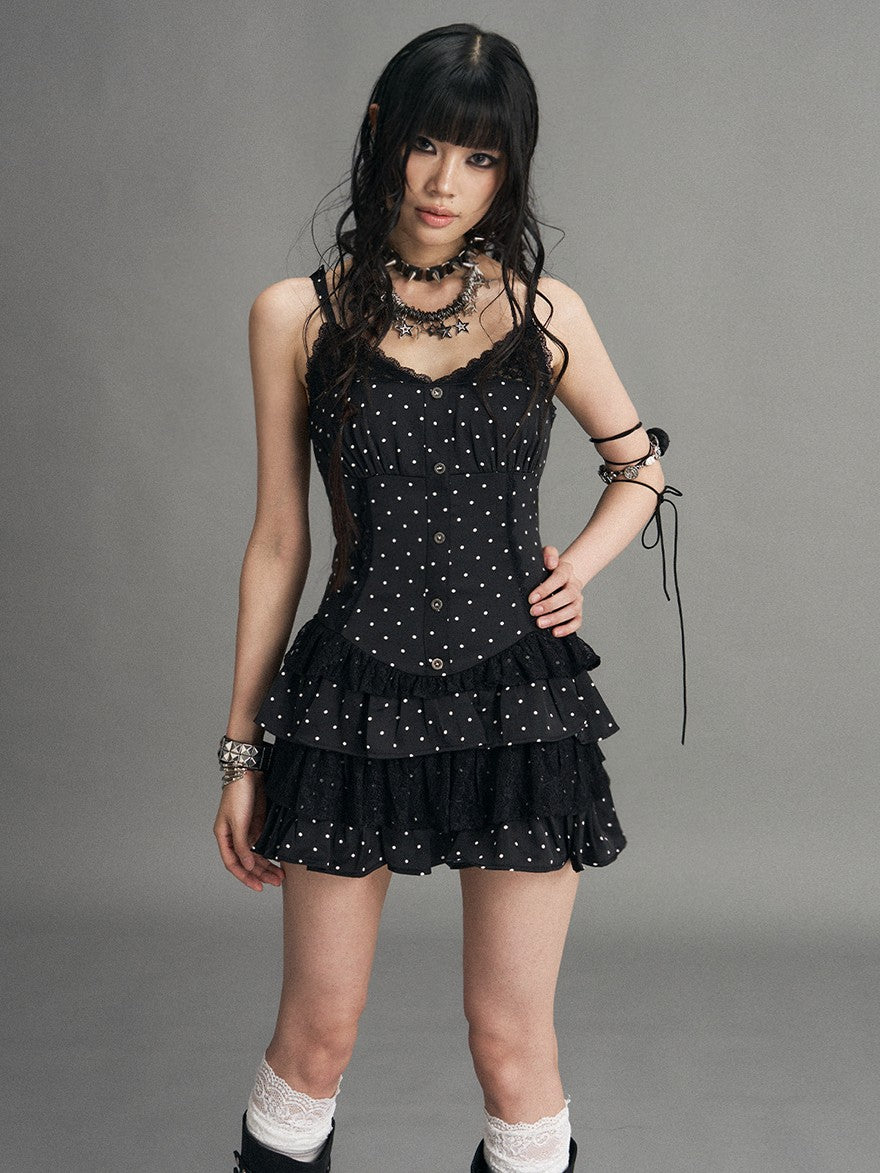 Frustration Garden Polka Dot Lace Panel Lace Up Vintage Women's Tiered Slip Mini Dresses