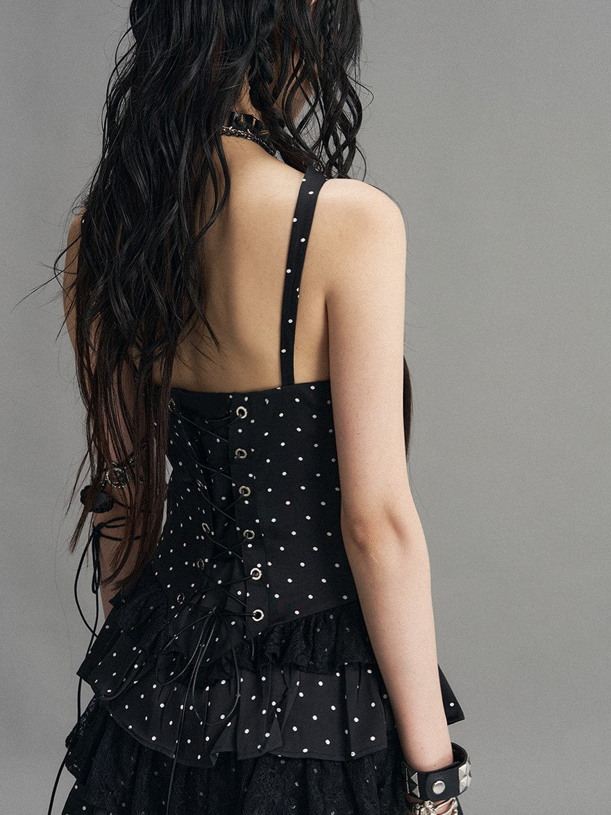 Frustration Garden Polka Dot Lace Panel Lace Up Vintage Women's Tiered Slip Mini Dresses