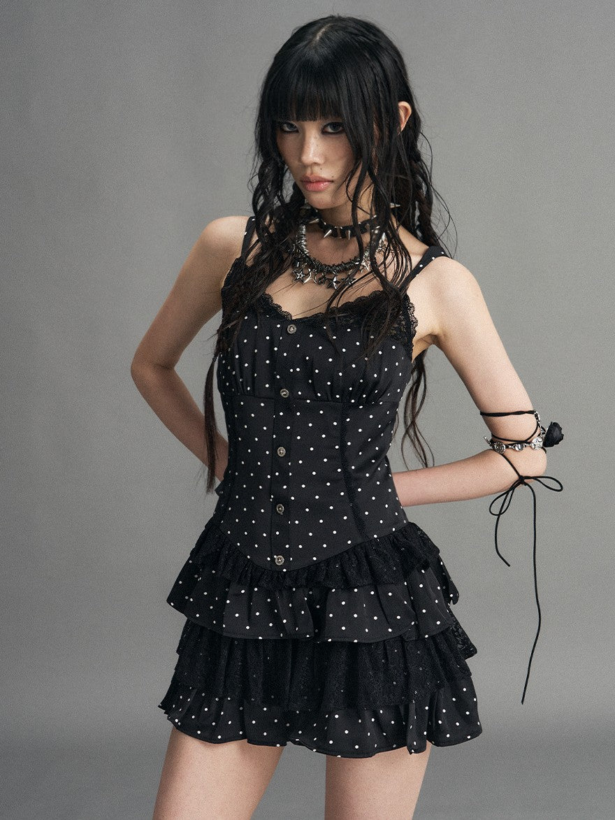 Frustration Garden Polka Dot Lace Panel Lace Up Vintage Women's Tiered Slip Mini Dresses