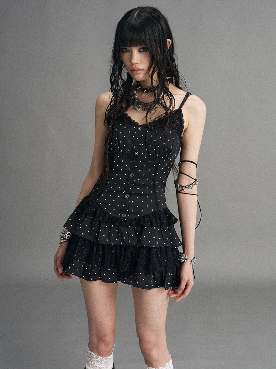 Frustration Garden Polka Dot Lace Panel Lace Up Vintage Women's Tiered Slip Mini Dresses