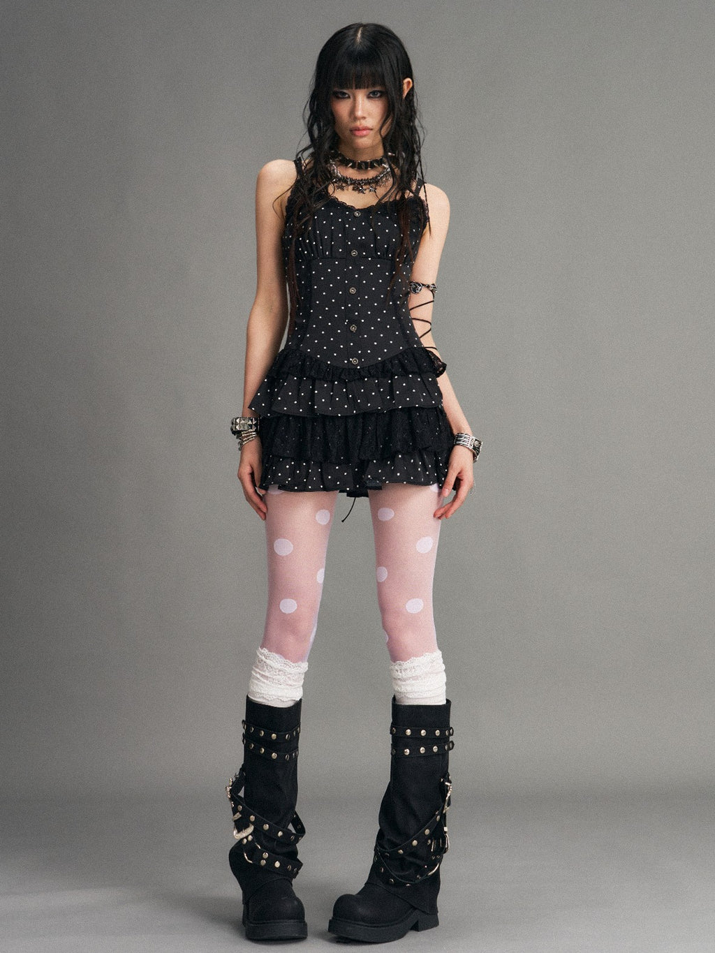 Frustration Garden Polka Dot Lace Panel Lace Up Vintage Women's Tiered Slip Mini Dresses