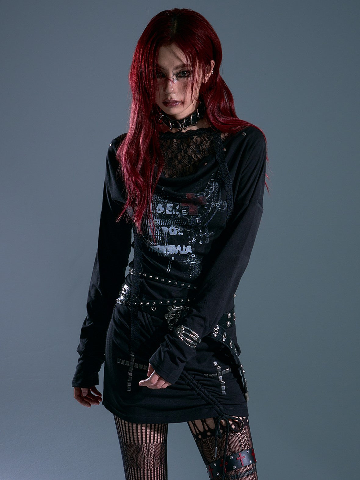 Frustration Garden Printed Punk Cowl Neck Hooded Drawstring Long Sleeve Knit Women's Casual Mini Dresses