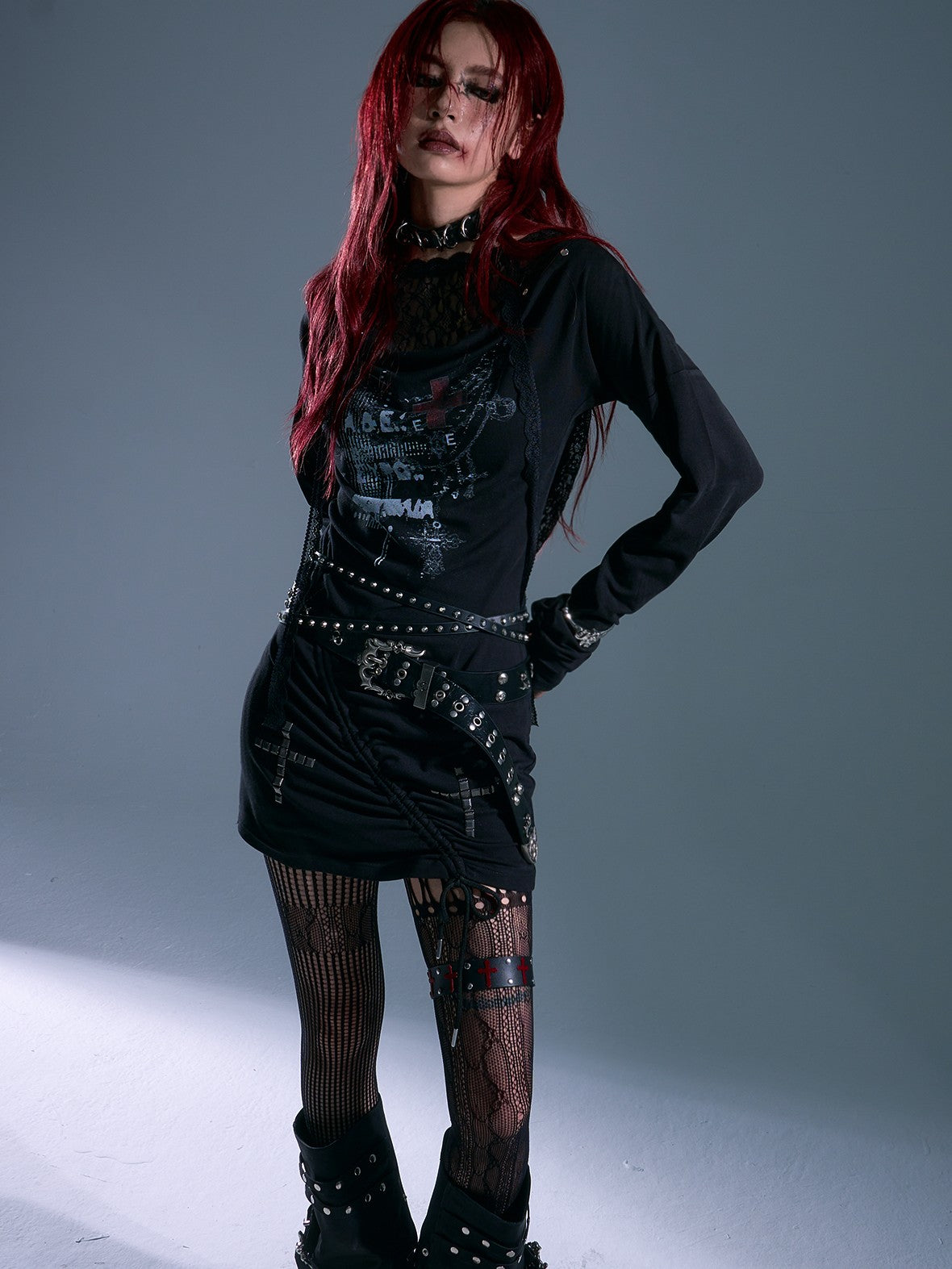 Frustration Garden Printed Punk Cowl Neck Hooded Drawstring Long Sleeve Knit Women's Casual Mini Dresses