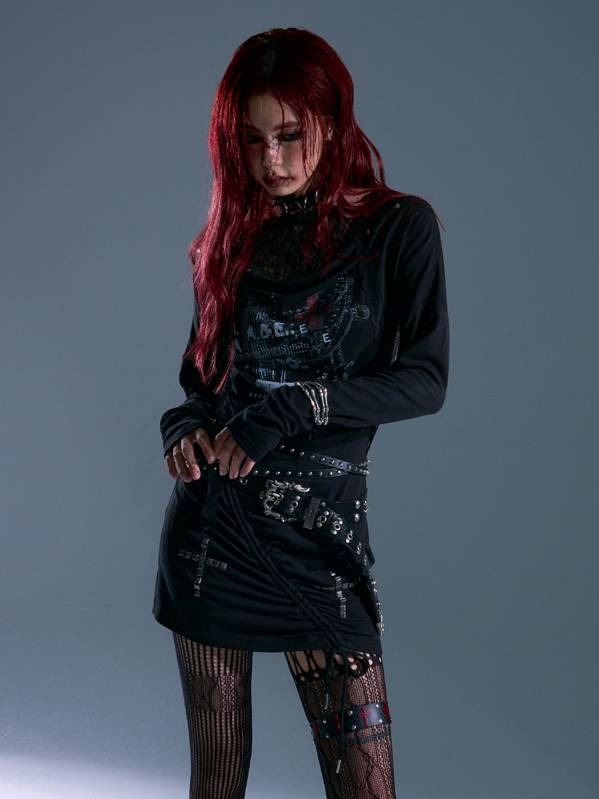 Frustration Garden Printed Punk Cowl Neck Hooded Drawstring Long Sleeve Knit Women's Casual Mini Dresses