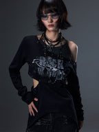 Frustration Garden Punk Asymmetric Print Patchwork Cold Shoulder Cutout Women's Cotton Long Sleeve T-shirts