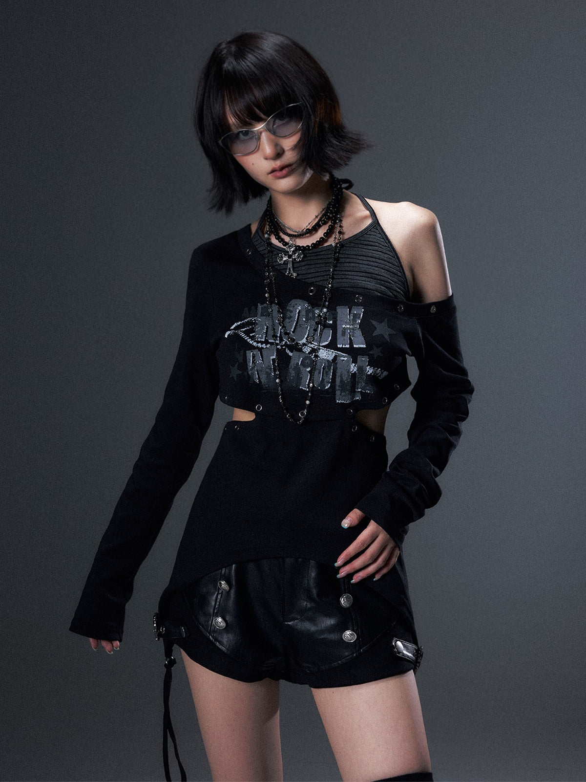 Frustration Garden Punk Asymmetric Print Patchwork Cold Shoulder Cutout Women's Cotton Long Sleeve T-shirts